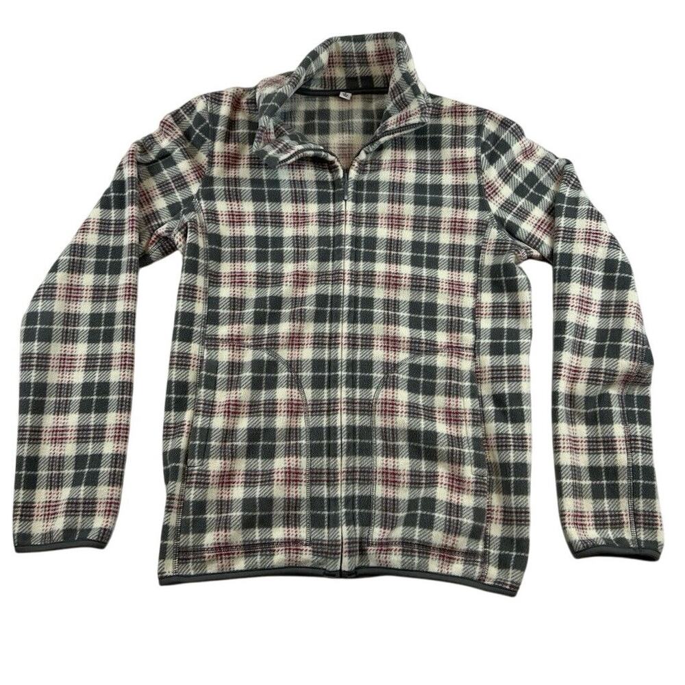 UNIQLO Fleece Jacket Zip Up White Grey Red Check Size M Medium Women's